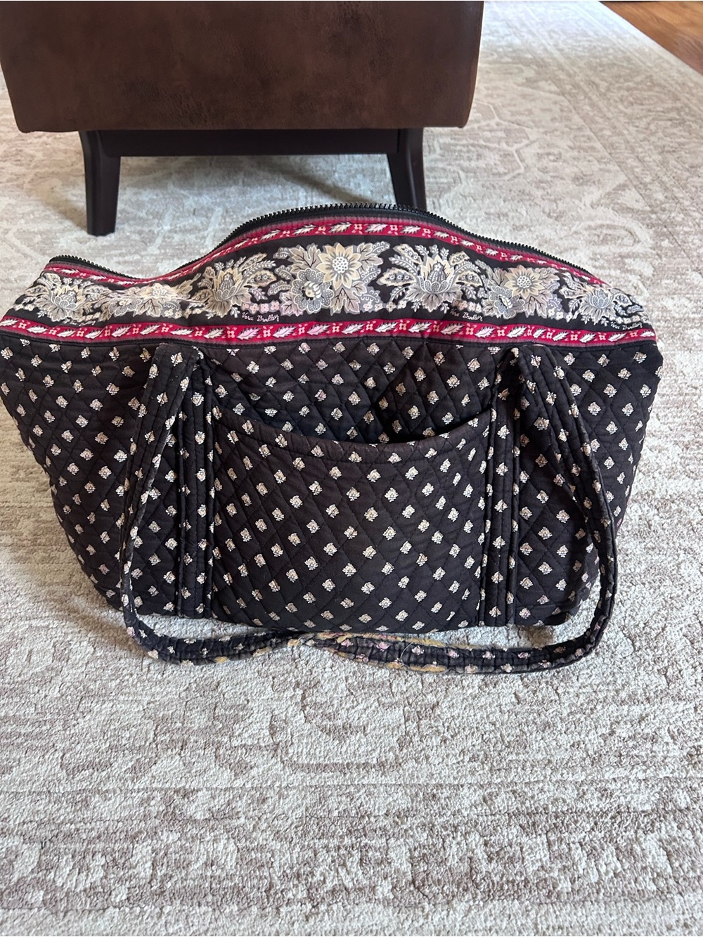 Vera Bradley Quilted Shoulder Tote in Black with Pink Trim
